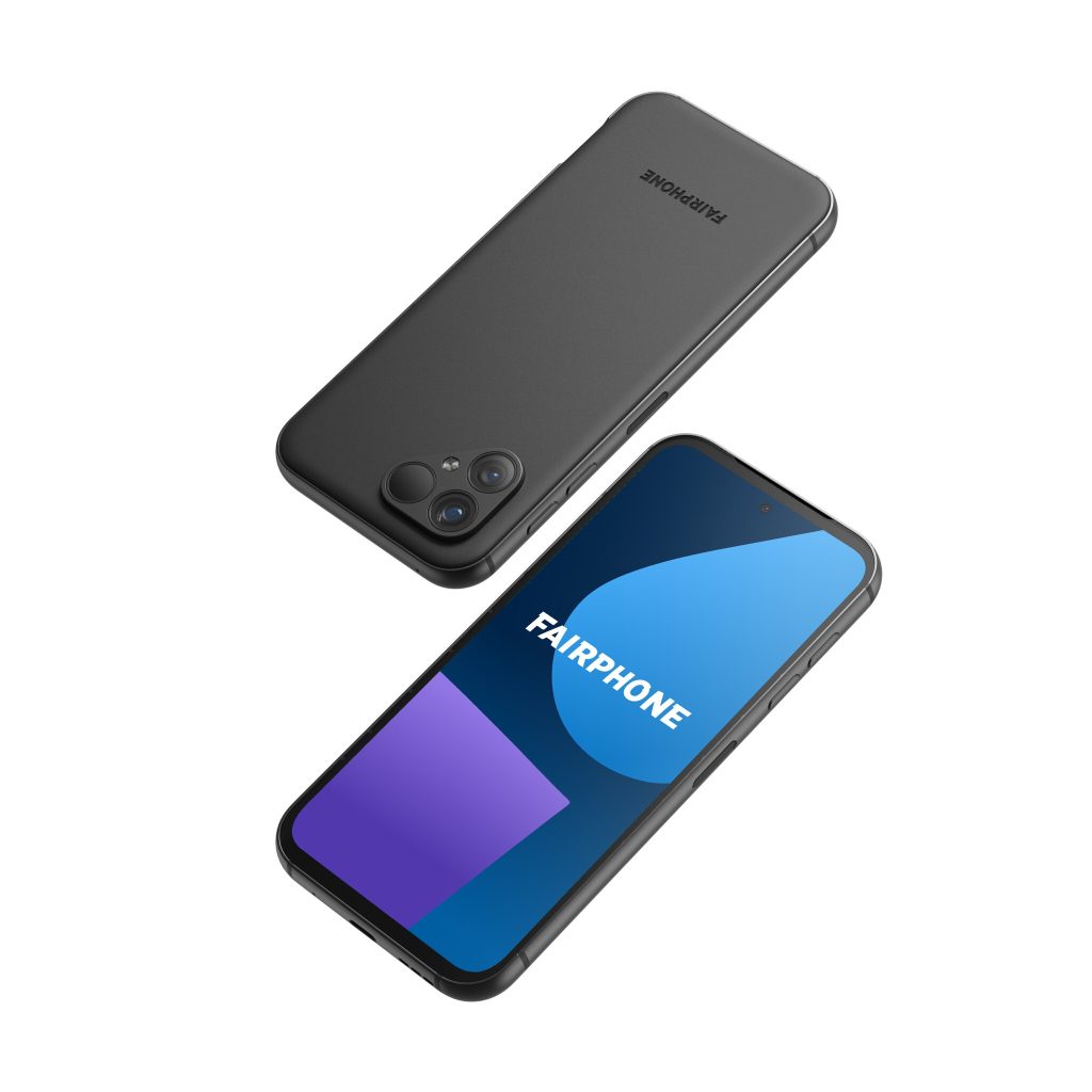 Fairphone 5 Vorder- und Rückseite, schwarzes Case