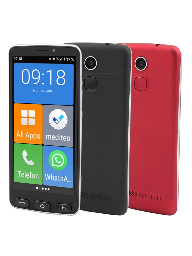 Vorder- und Rückansicht des Senioren-Smartphones Neo von Olympia in den Farben Schwarz und Rot